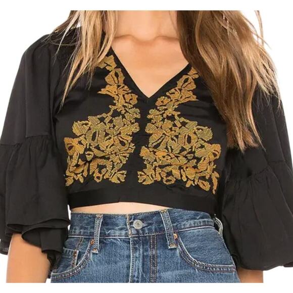 TULAROSA HARPER BLACK BELL SLEEVE GOLD EMBROIDERY CROP TOP SIZE XXS - Picture 9 of 9